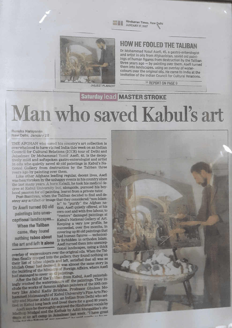 Newspaper page covering Dr. Asefi's rescue of Kabul's art