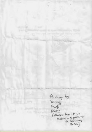 Handwritten note on the back of the painting: Painting by Youssef Asefi for d13