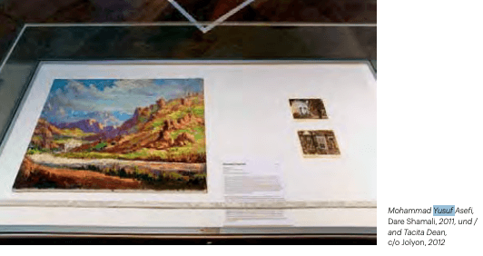 Dr. Asefi's painting "Dare Shamali" (2011) displayed in a vitrine in the Museum Fridericianum rotunda at dOCUMENTA (13)